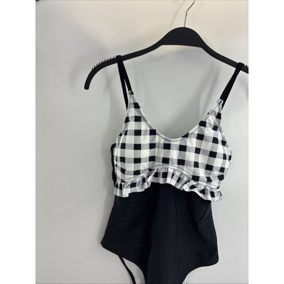 Cupshe Womens Size M One Piece Swimsuit Gingham Ruffle Black Monokini Swimwear - Picture 2 of 6
